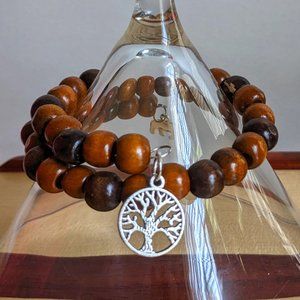 Wooden Beaded Memory Wire Charm Bracelet